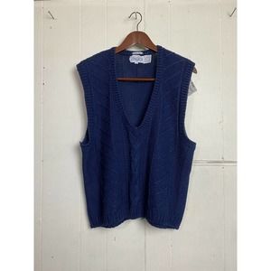 Vintage Perry Ellis Sweater Vest Cable Knit V Blue XL Retro Preppy Hand Knit
